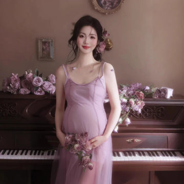 MQTIME  -   Elegant French Vintage Pink Sweet Sheer Maternity Dress for Pregnancy Photo Shoot Feminine Romantic Chic Expecting Mom Outfit